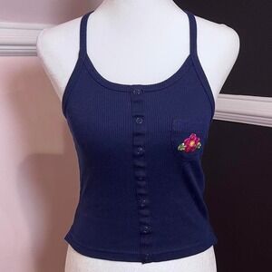 ⭐y2k navy blue button up floral sequin cross back tank xs